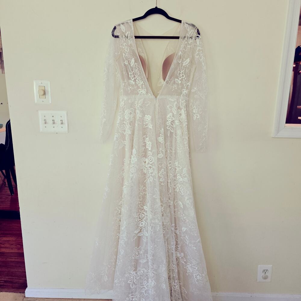 New BHLDN Riki Dalal Joan Illusion V-Neck Long-Sleeve Lace Wedding Gown Size 12 - Picture 7 of 14